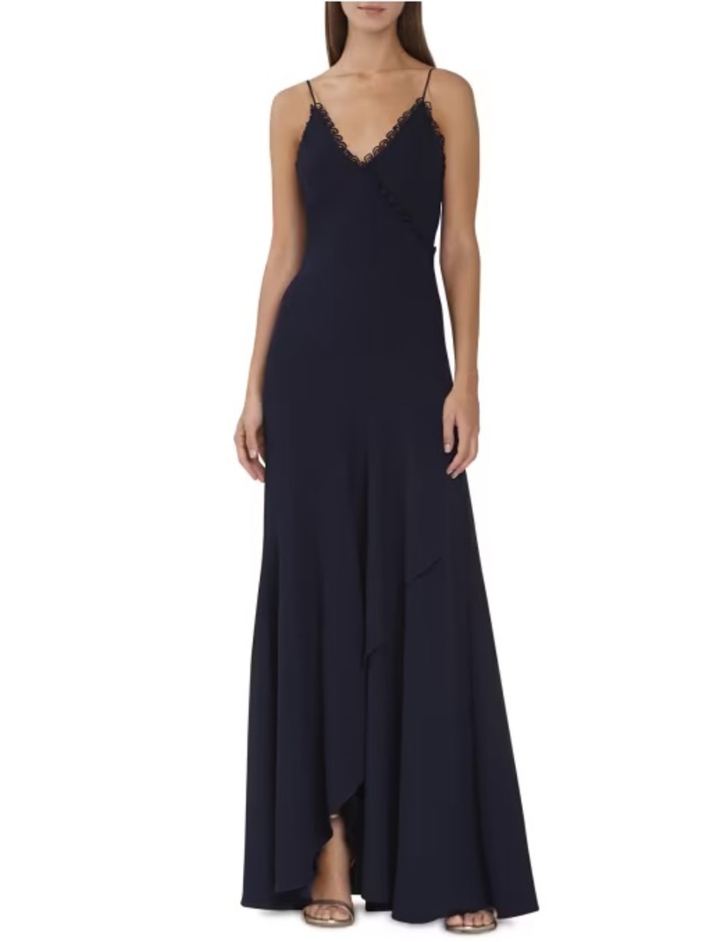 ML Monique Lhuillier Loop-Lace Trim Wrapped Gown  Size 0 Navy Blue Cocktail Wed